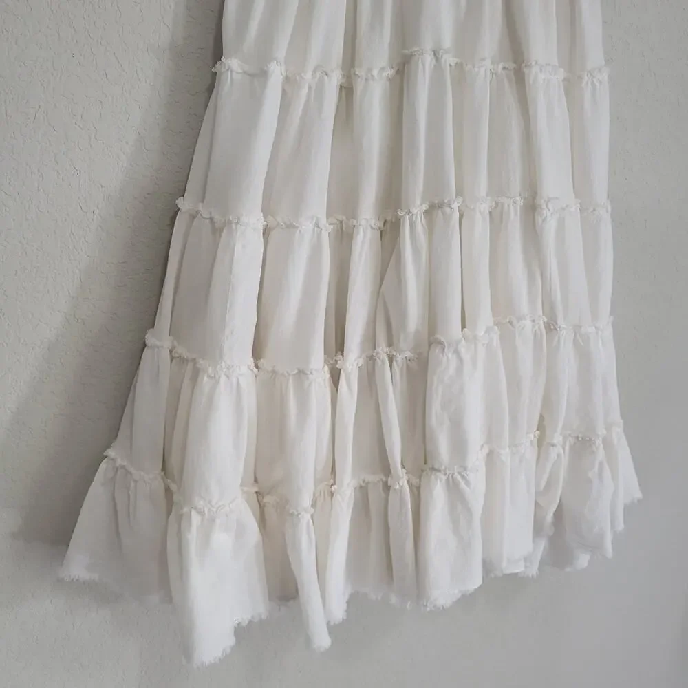 Ing White Tiered Cotton Skirt Size S Ruffle Boho Cottagecore Midi Below Knee - Picture 10 of 12